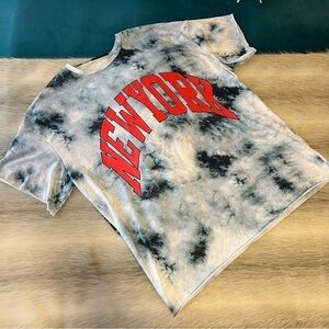 SHEIN Green Tie Dye NEW YORK S Short Sleeve Cut Off Distressed Oversized Red